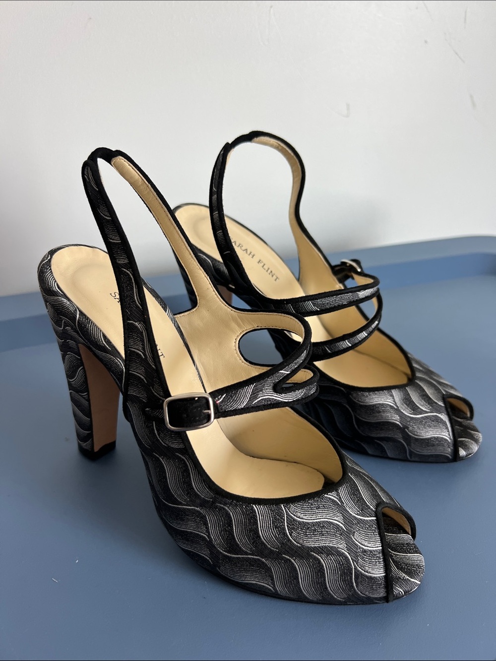 Sarah Flint rachel peep toe heels black and silver geometric pattern 37.5